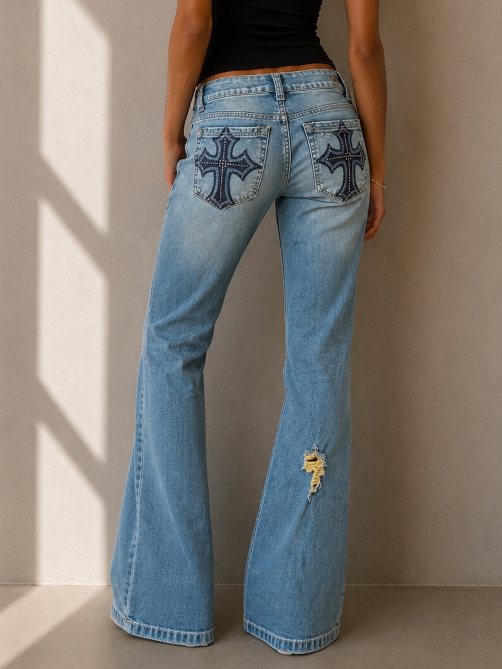 Y2K Cyber Cross Details Flare Jeans